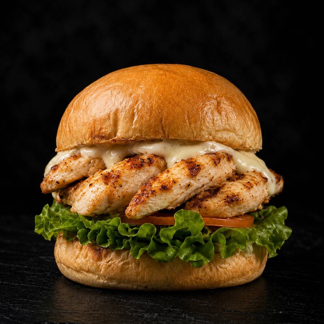 Pão brioche, filé de frango grelhado, queijo prato, cebola caramelizada, alface, tomate e molho especial loyola.