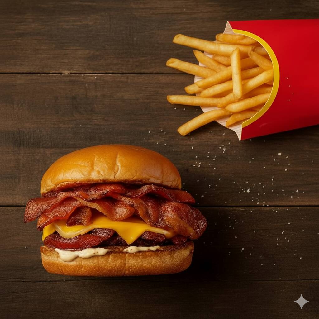 Hambúrguer de 150g, Queijo cheddar, Bacon, Maionese da casa bem temperada no pão de Brioche selado + batata frita