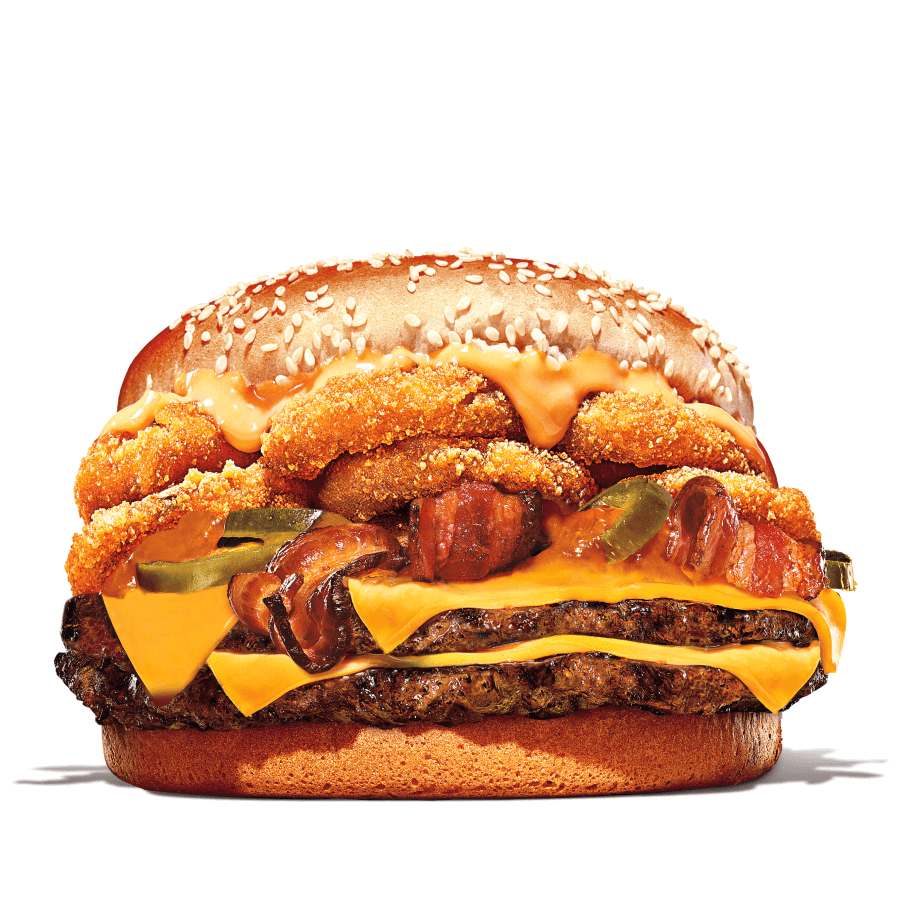 Chegou o novo Mega Stacker Furioso 2.0. Pão fofinho com gergelim, dois hambúrgueres de carne 100% bovina grelhados no fogo, onion rings, pimenta jalapeño, deliciosas fatias de bacon, queijo fatiado sabor cheddar e os icônicos molhos Stacker e Furioso.