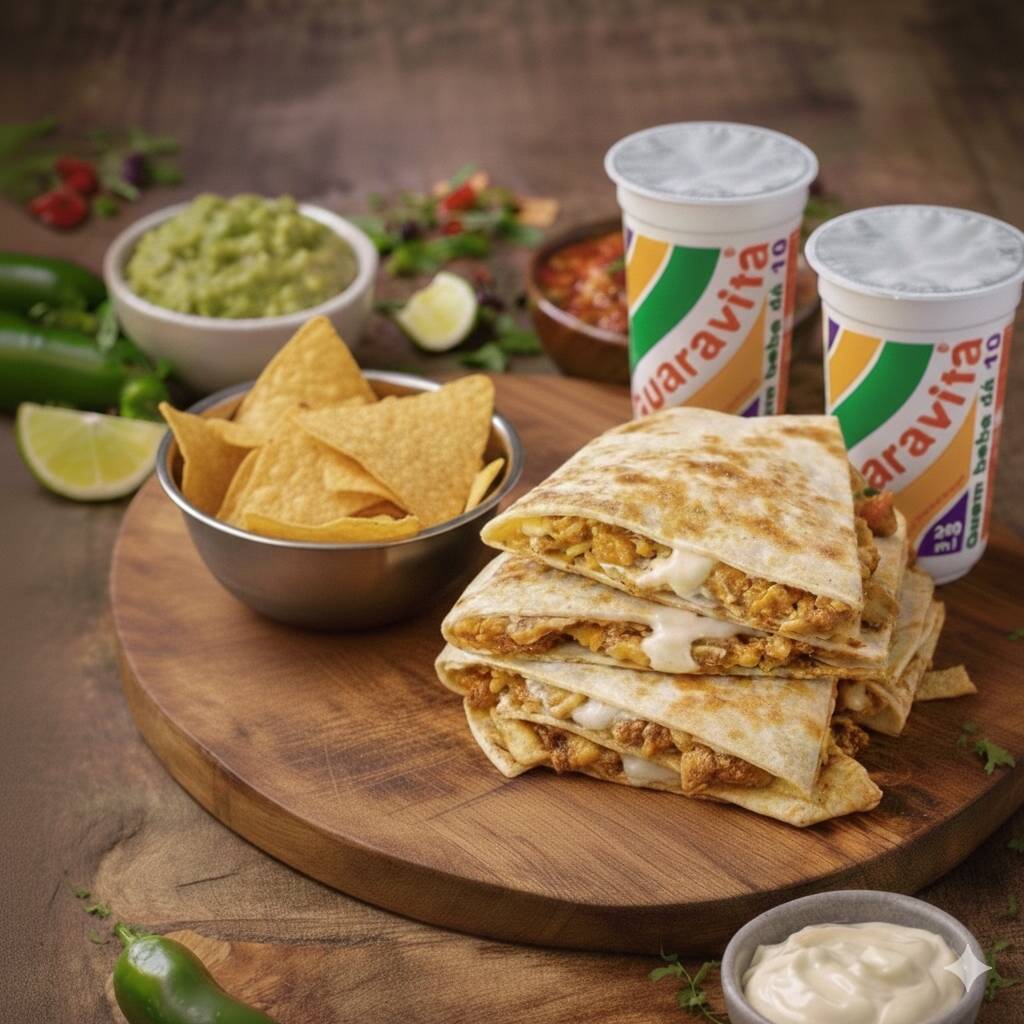 Uma explosão de queijos! 2 quesadillas de sabor único 👉🏻Carne ou Frango e envie na observação). Tostada na chapa e Cortadas como fatias de pizza, acompanha cheddar Defumado, Cream cheese, molho especial de alho, salada flakes de repolho fino + Nachos +2 guaranás natural