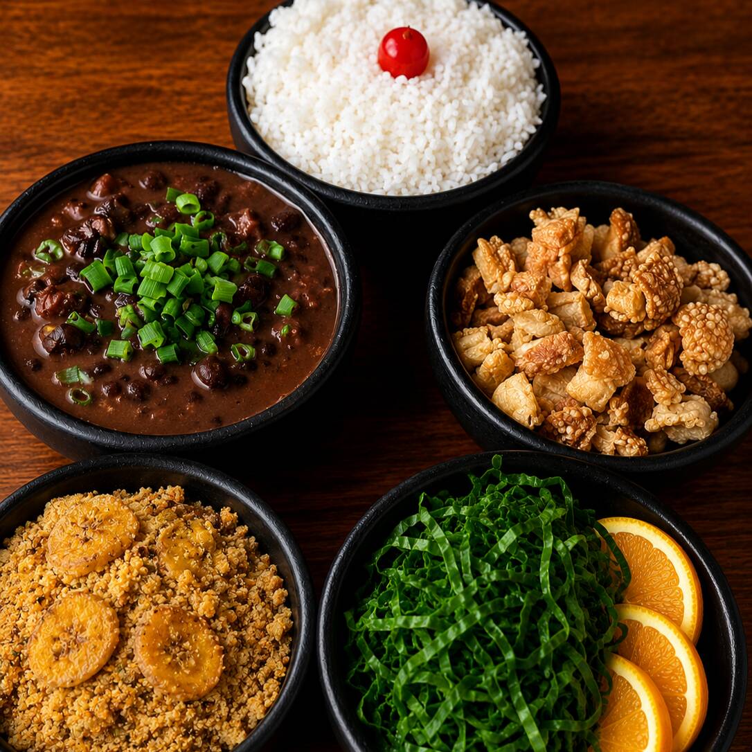 Feijoada Completa Selecionada Calabresa, Bacon, Pé, Orelha, Joelho
Acompanhamentos: Arroz, Farofa De Banana, Torresmo , Couve e Laranja