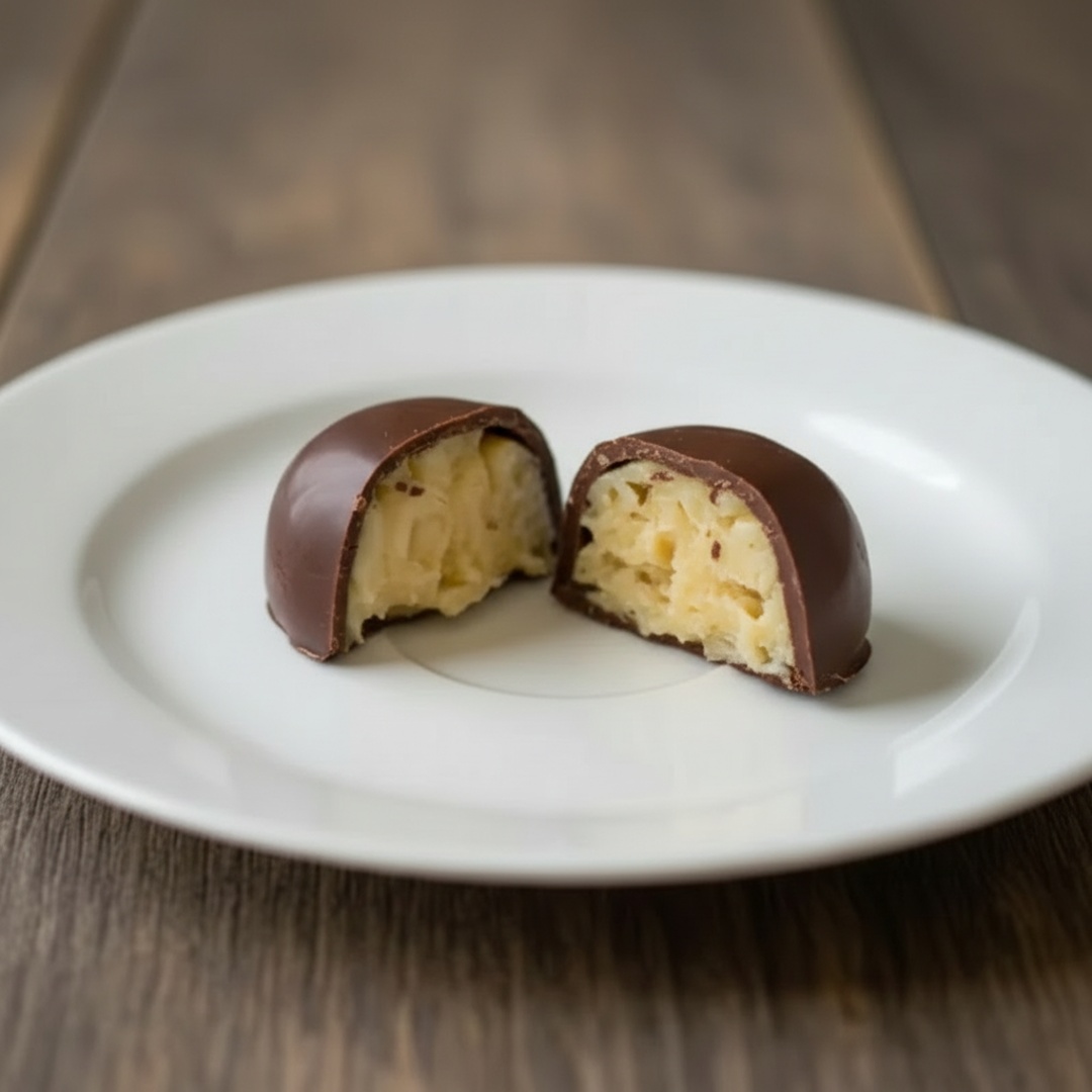 Trufa de beijinho, feita com coco ralado e leite condensado, coberta com chocolate branco.