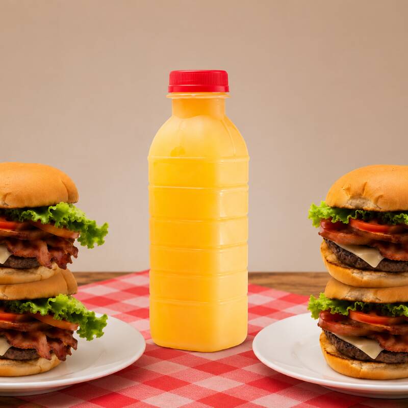 4. Hambúrguer Especial (pão, carne, ovo, calabresa, queijo, salada (alface, tomate e pepino) e batata palha) + 1. Garrafa de suco natural de Maracujá 1LT
(Imagem ilustrativa)