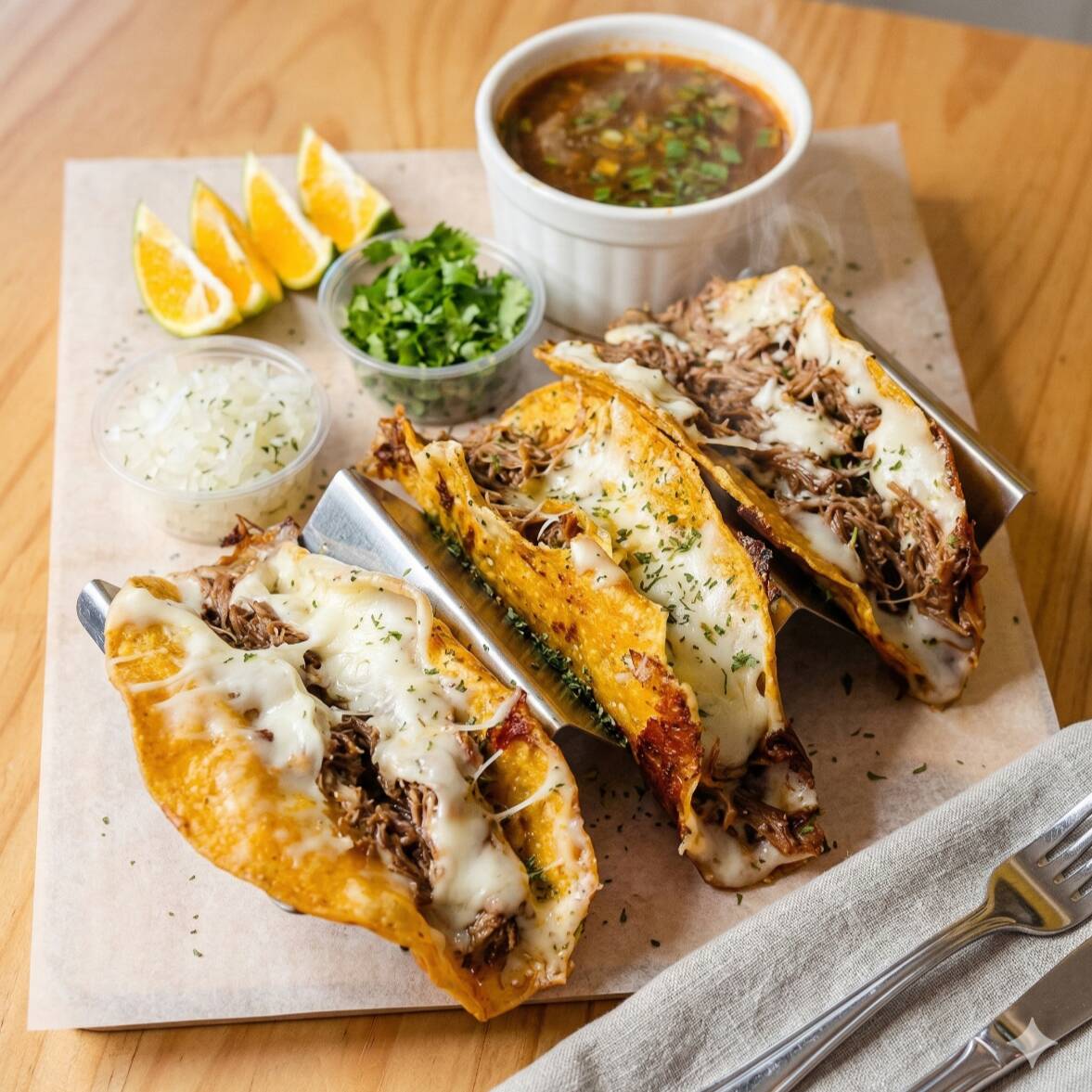 3 Tacos de Birria con Res