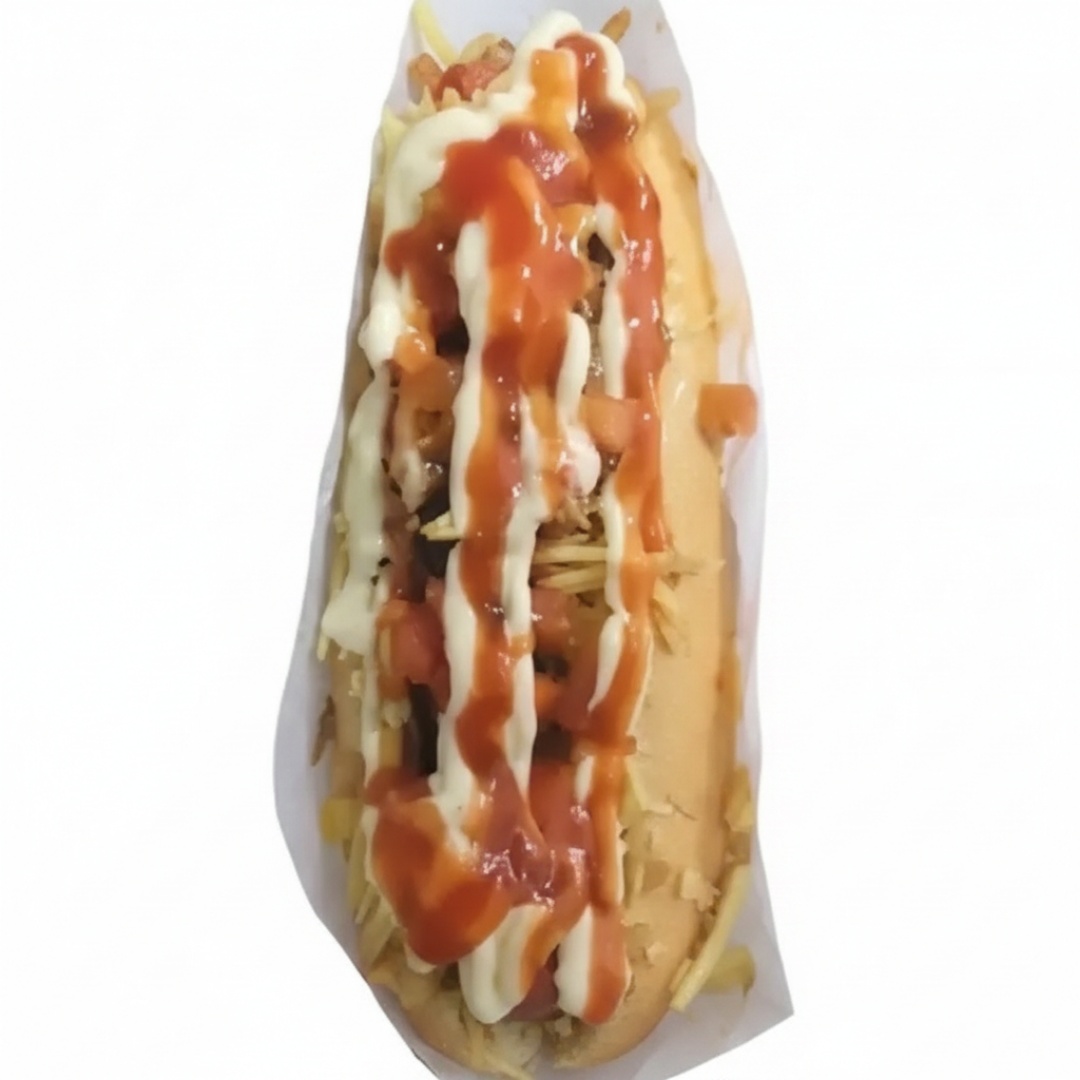 Pão 30cm ,2 salsicha, queijo, bacon, milho, ervilha, batata, passas, tomate, maionese, ketchup, maionese temperada