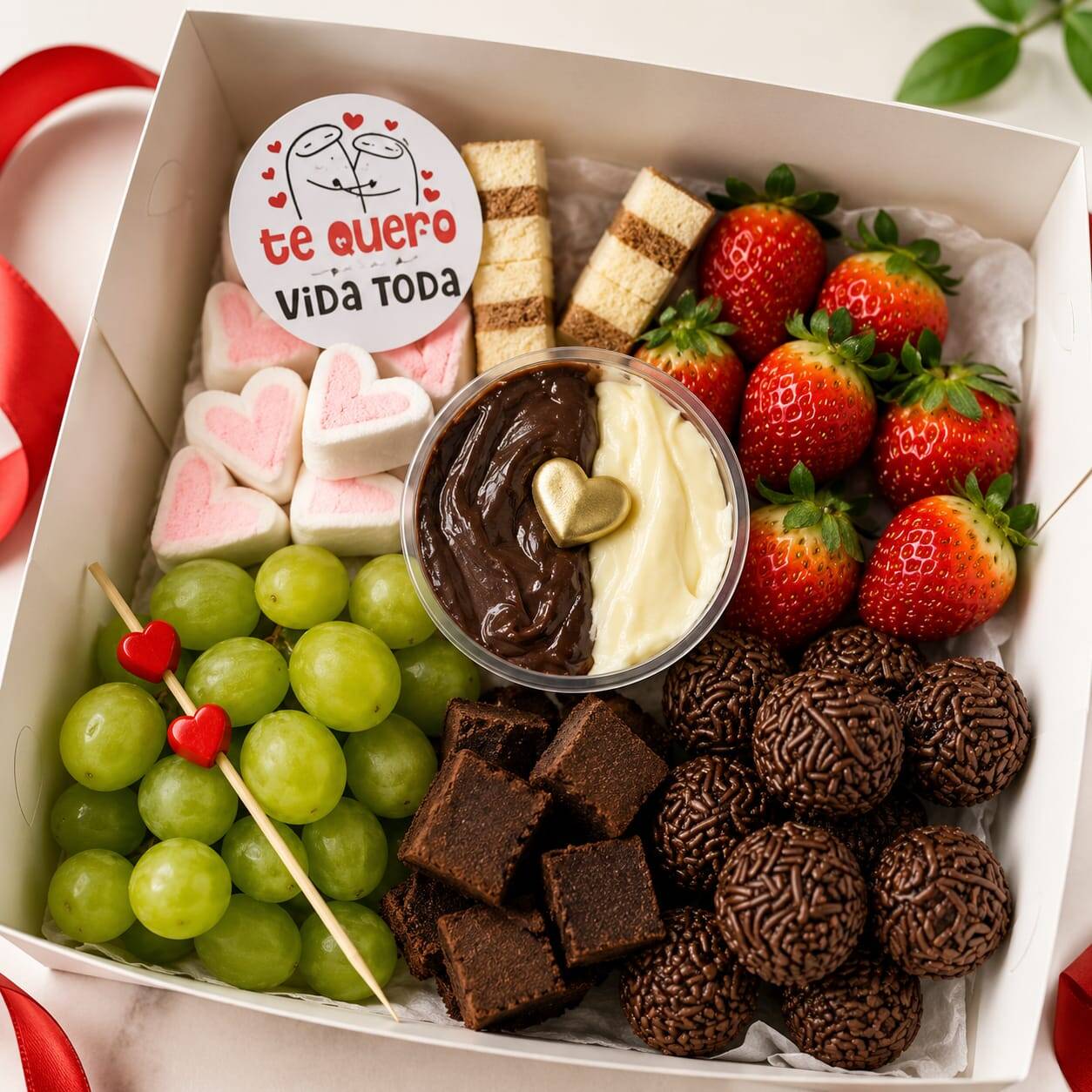 Uma caixa incrível perfeita para presentear aquela pessoa especial! Contém uma seleção de frutas frescas, brigadeiros, brownies e marshmallows acompanhado de um pote com 140 g de brigadeiro ninho e brigadeiro de chocolate. Prontinho para presentear com laço de cetim + tag + sacola!