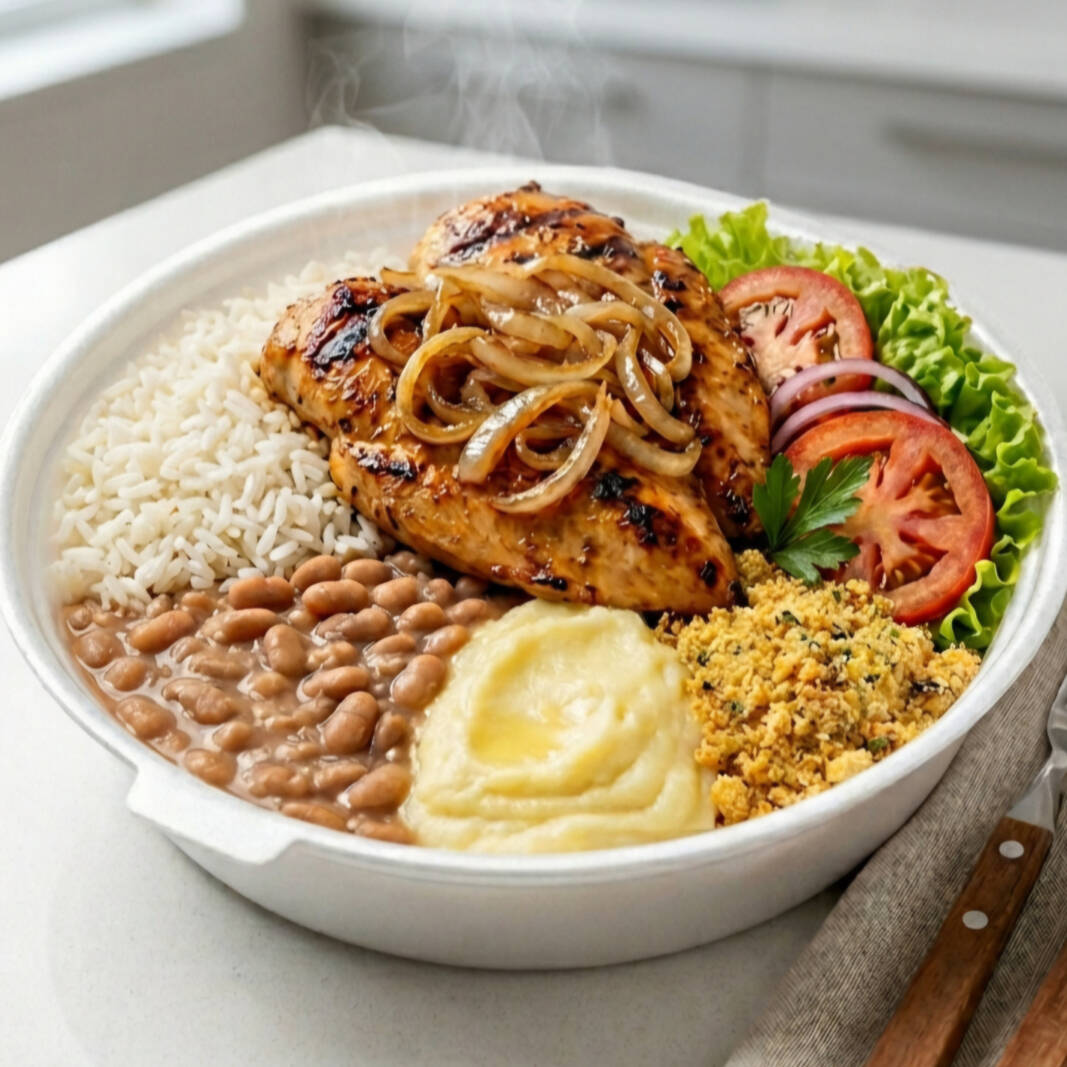 Delicioso Frango Grelhado, acompanha arroz branco, farofa, Purêe salada..