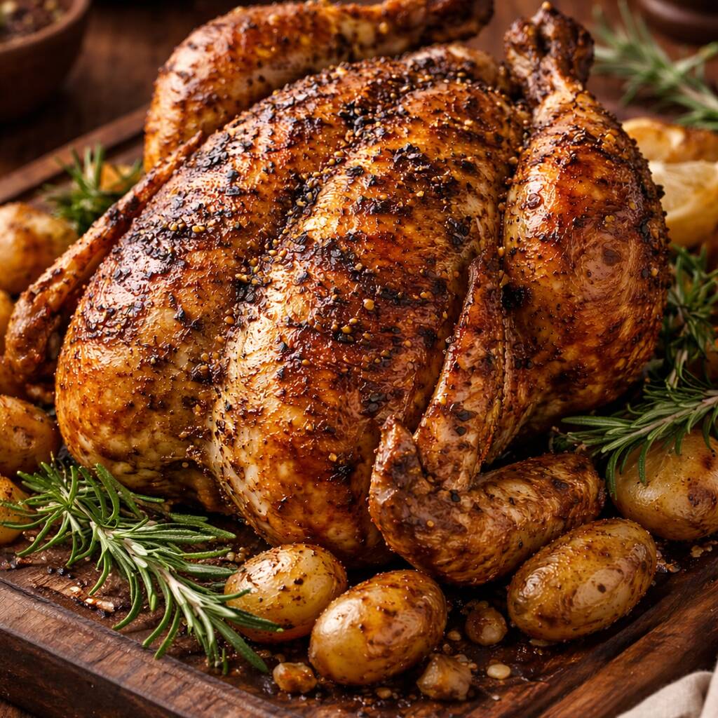 Frango Assado Marinado Naturalmente, somente com ingredientes naturais e frescos. Sem Coca Cola, sem açúcar e sem conservantes.