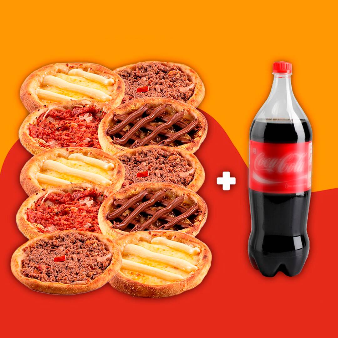 Combo sensacional para o seu momento Oba Obaaaaa! São 10 deliciosas esfihas de sua escolha com uma Coca-Cola geladinha acompanhando!
