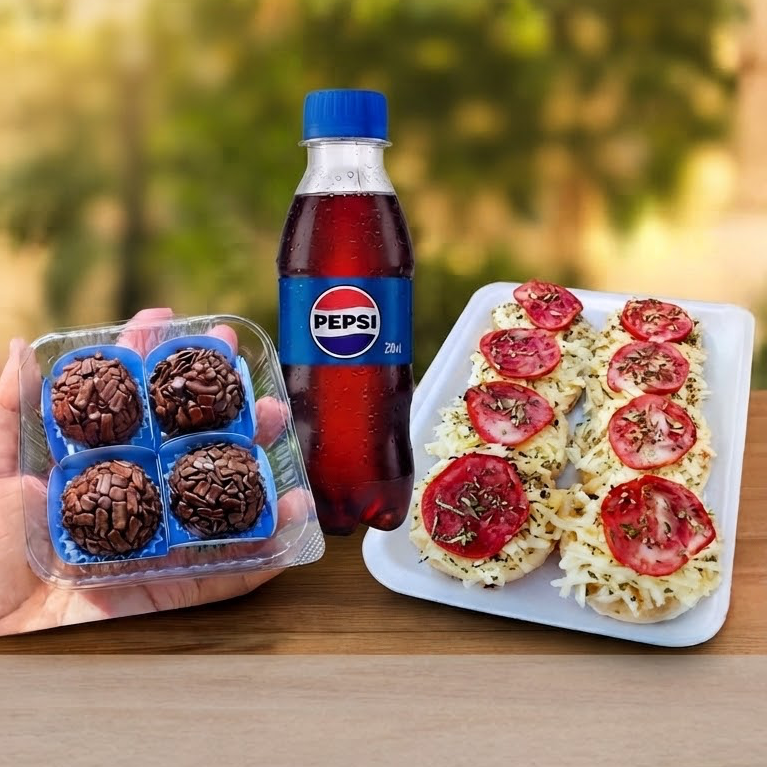 8 mini pizzas Sortidas, 4 brigadeiros de chocolate, e ainda leva 1 refri de 200ml .