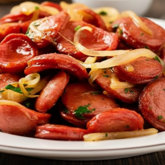 Arroz, Feijão, Fritas e uma deliciosa Calabresa fatiada acebolado.