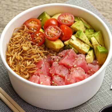 Poke com base de shari, o tradicional arroz japonês temperado, cubos frescos de atum, cubos de abacate, crisp de alho-poró, tomate cereja e um toque especial de furikake. Um prato leve e nutritivo, ideal para uma refeição saborosa e equilibrada. Serve bem uma pessoa, aprox. 400g.