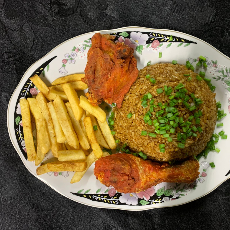 pollo apanado +arroz chino+papitas
