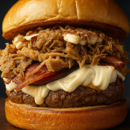 BURGER 150G, QUEIJO CHEDDAR, CATUPIRY, COSTELA SUINA DESFIADA E CRISPY DE CEBOLA NO PÃO DE BRIOCHE (MODA SUSTENTAVEL COM MUITO SABOR).