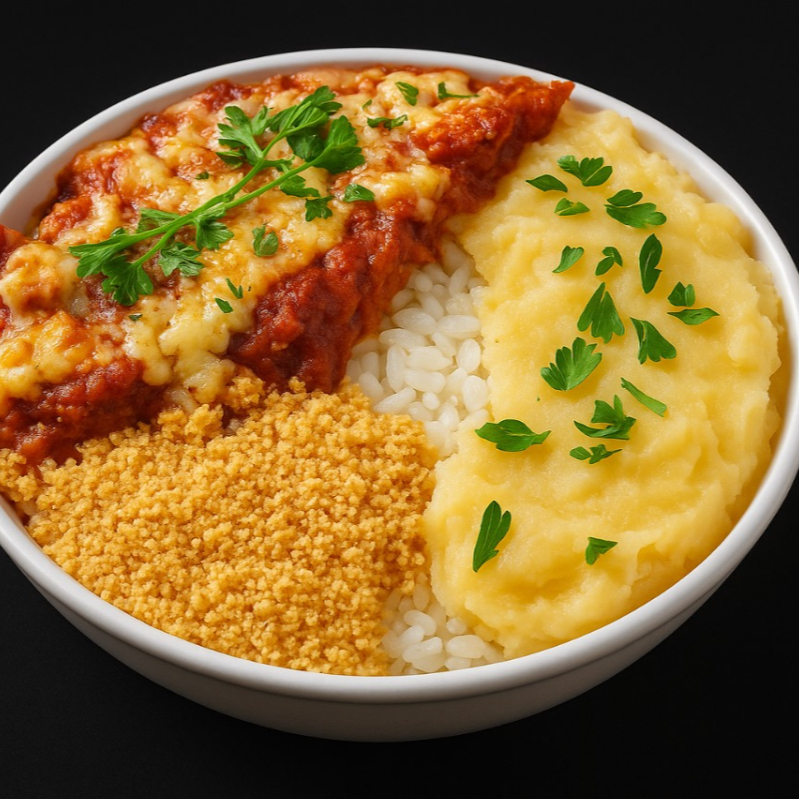 Arroz , feijão , parmegiana de frango , purê e farofa