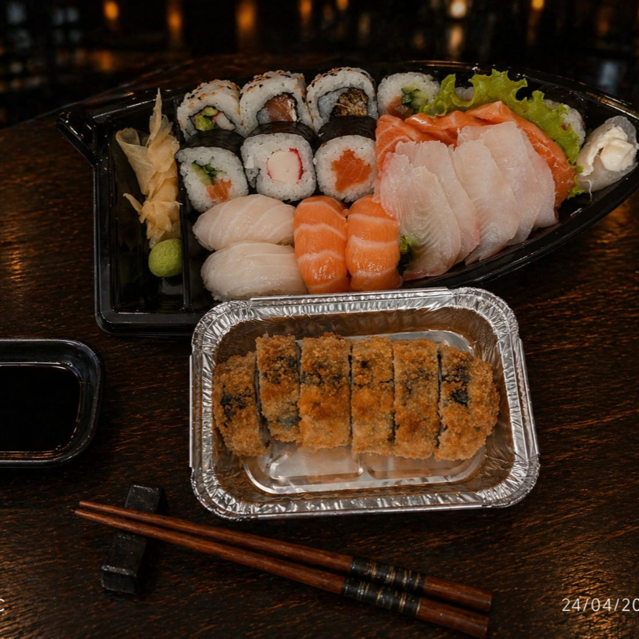 9 sushis variados, 5 sashimis de salmão, 5 sashimis de tilápia, 4 niguiri, 1 Gunkan especial, 6 hot