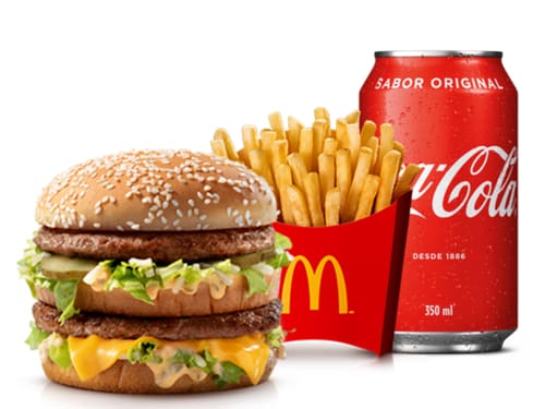 Dois hambúrgueres (100% carne bovina), alface americana, queijo cheddar, maionese Big Mac, cebola, picles e pão com gergelim, acompanhamento e bebida