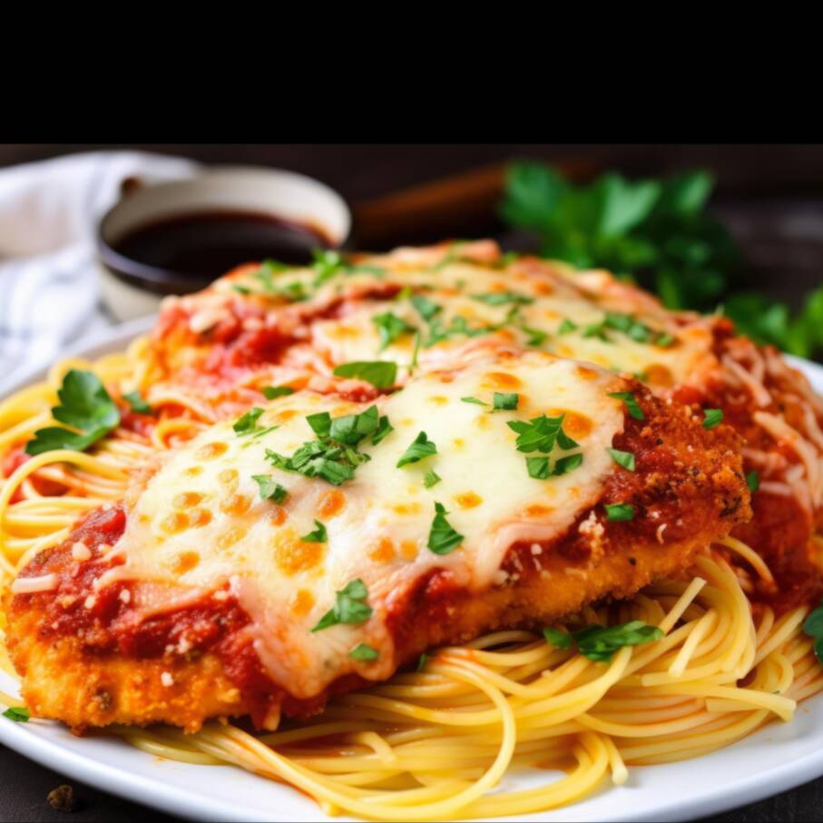 Macarrão ao molho vermelho, filé de frango parmegiana, arroz e salada de batata