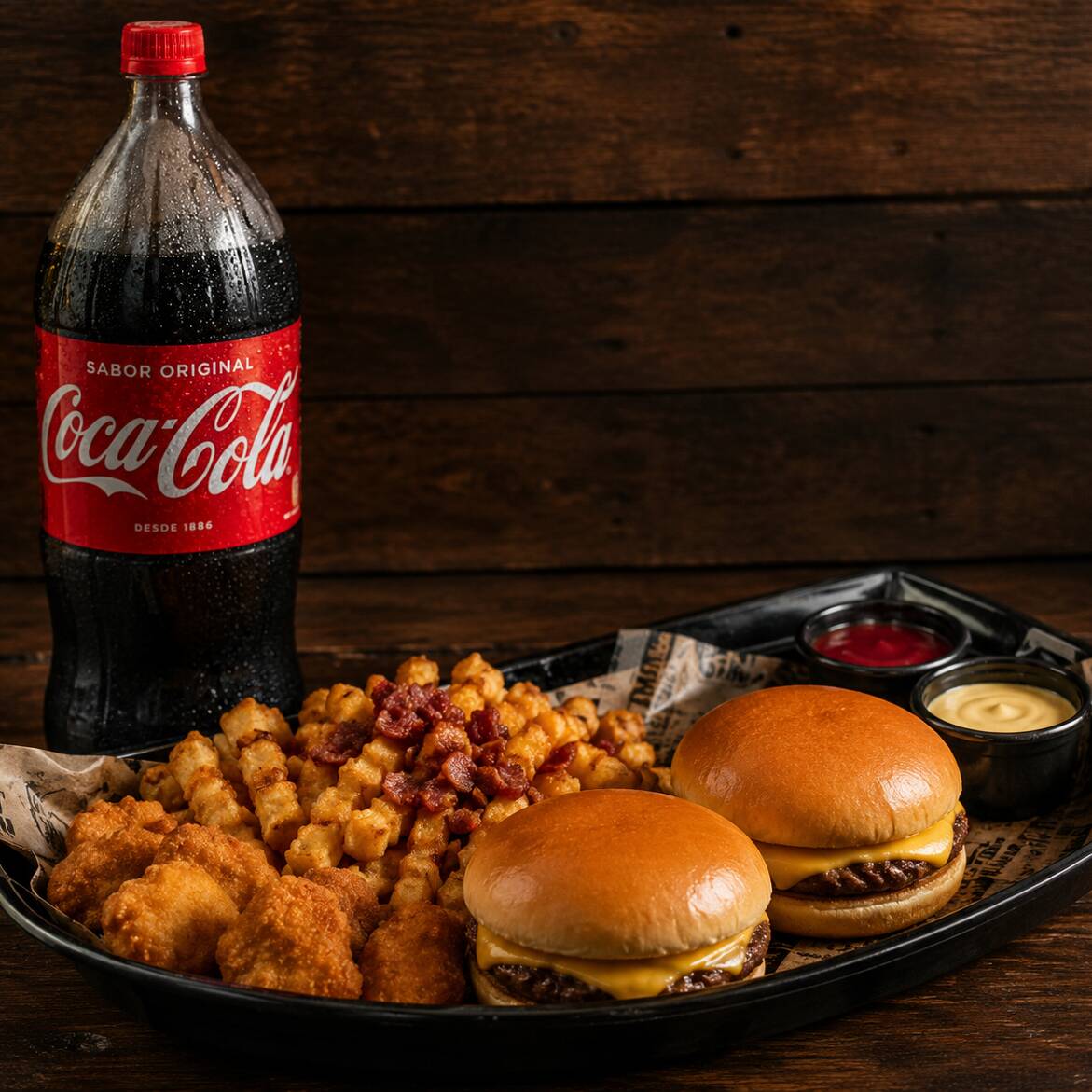 Combo Casal e composto por 2 Burgers Smash Bacon: Carne suculenta, queijo derretido, bacon crocante, maionese artesanal e molho especial no Pão Brioche Amanteigado Premium.
+ Batata Gourmet: Porção generosa coberta com Cheddar cremoso e cubos de Bacon.
+ Nuggets: 250g de pura crocância por fora e maciez por dentro.
+ Coca-Cola 1L
Acompanha 1 pote de Maionese Verde da Casa + 1 pote de Molho Especial (para mergulhar sua batata e nuggets!).