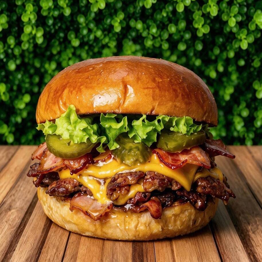 Sinta a explosão de sabor! Dois smash suculentos de 75g cada, prensados na chapa para criar aquela crostinha irresistível, cobertos por fatias derretidas do nosso queijo cheddar. Para completar a perfeição: bacon crocante e defumado, alface fresquinha e picles de primeira para o equilíbrio ideal. Tudo isso servido em um pão brioche macio e dourado. Uma clássico que nunca falha!
Obs: o molho escolhido vai dentro do Burger