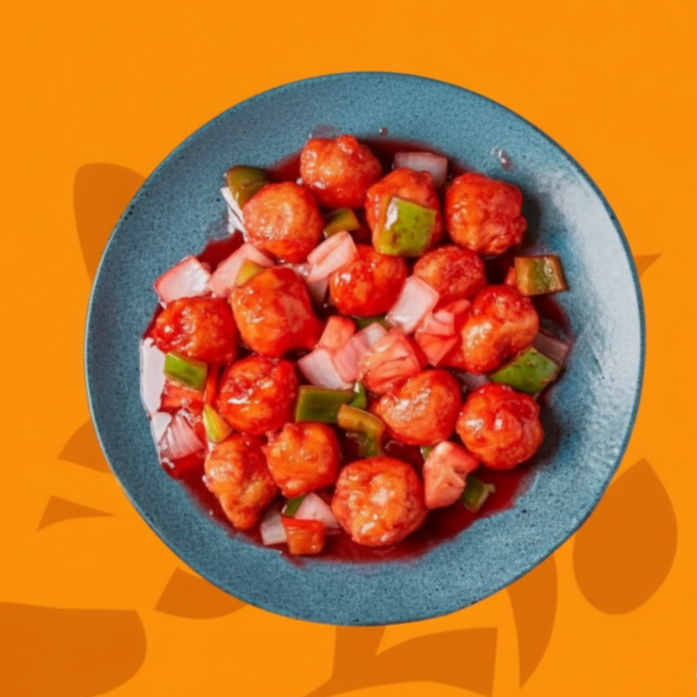 Cubos suculentos de frango empanados e fritos combinados com pimentões, cebola e pedaços de abacaxi ao molho agridoce. Preparado no wok chinês de forma artesanal com ingredientes frescos.