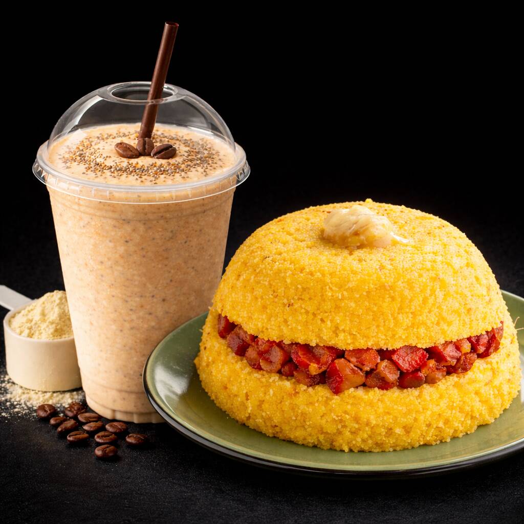 ☀️ Café da manhã de atleta Comece o dia com energia de verdade! Um cuscuz macio e quentinho, recheado com bacon suculento, combinado com um smoothie cremoso de café batido com whey protein e banana. Uma mistura perfeita de sabor e nutrição, trazendo proteína, energia e saciedade na medida certa pra encarar o dia ou o treino com disposição.