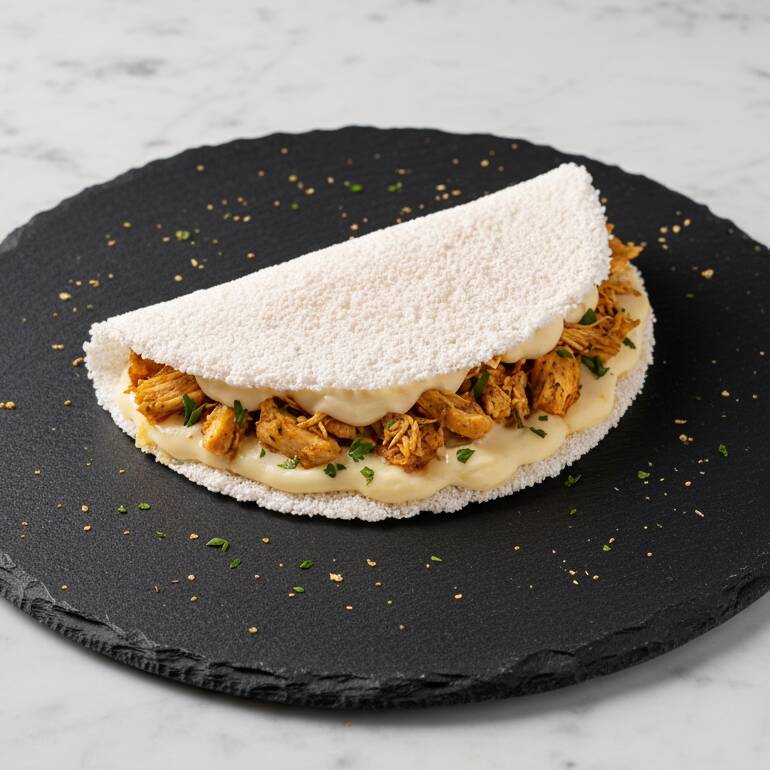 Tapioca preparada na hora, recheada com frango desfiado bem temperado e cream cheese cremoso, criando uma combinação leve, cremosa e irresistível.