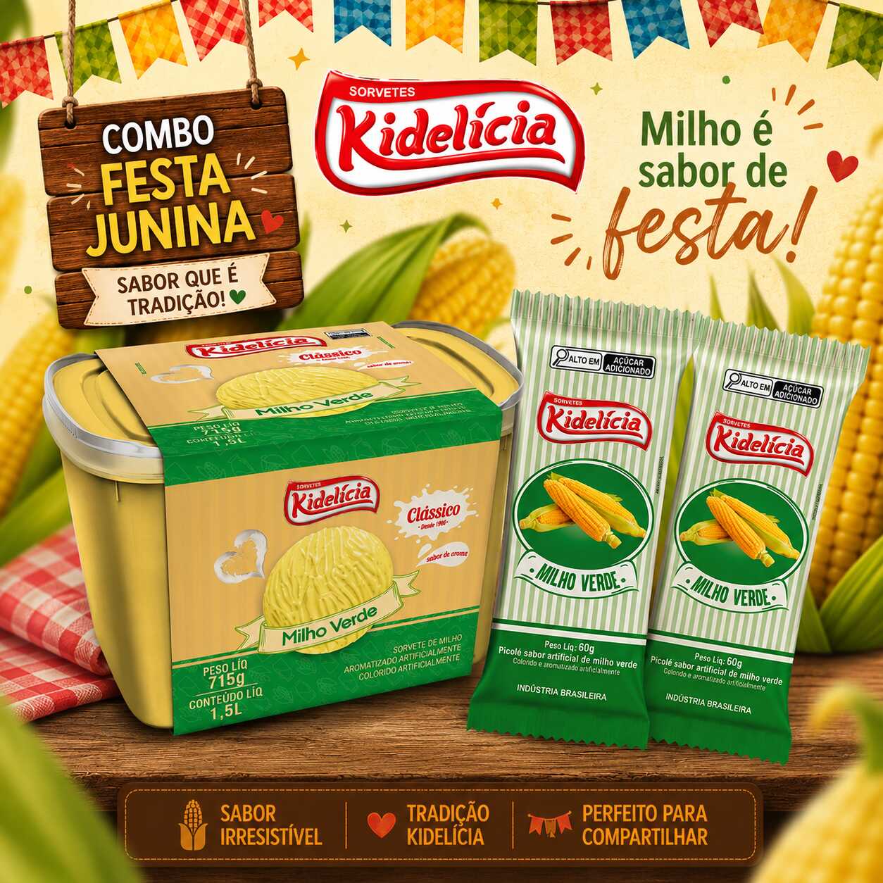 1 Pote Milho Verde 1,5L e 2 Picoles de milho verde 60g un.