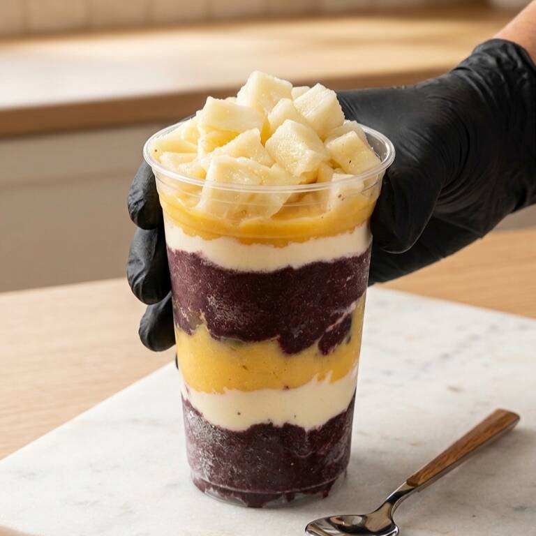 Um irresistível copo de açaí cremoso, montado em camadas que combinam a intensidade do açaí gelado com a doçura envolvente do leite condensado e a suavidade do leite em pó. Para completar, pedaços suculentos de abacaxi trazem um toque tropical e refrescante, equilibrando perfeitamente o sabor e transformando cada colherada em uma explosão de frescor e sabor.