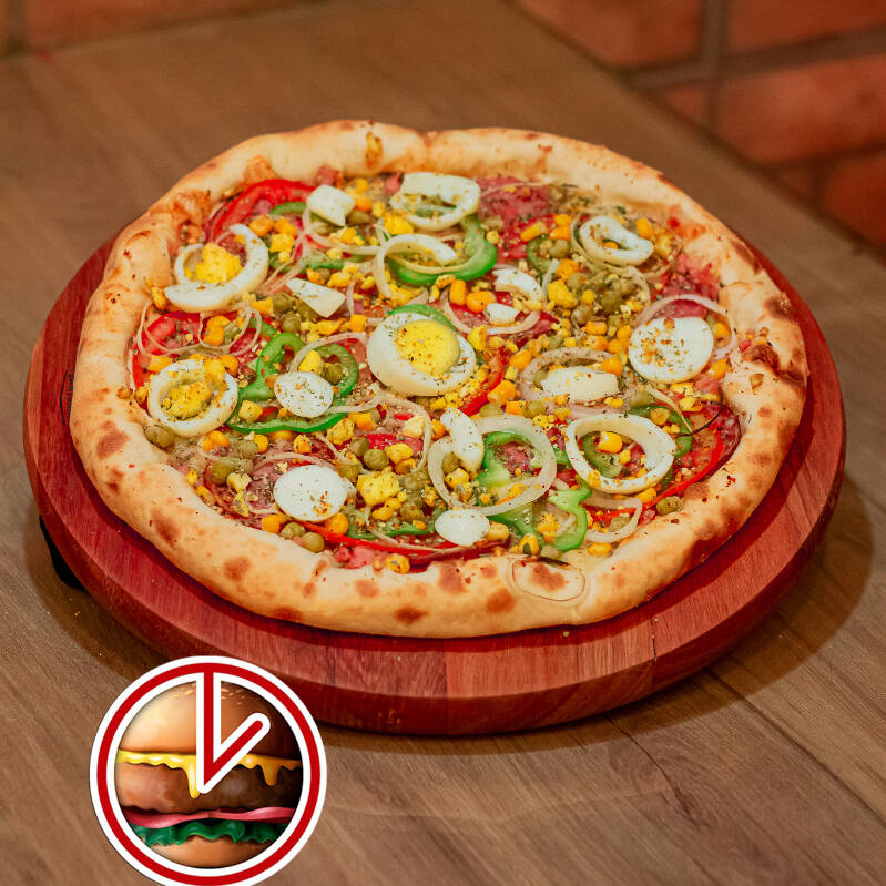 MASSA ,MOLHO,MUSSARELA,PRESUNTO,MILHO,TOMATE,CEBOLA CALABRESA E OVO