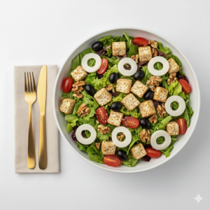 Mix de alfaces com ricota temperada, tomate grape, azeitona preta, palmito, nozes e sementes. Perfil mediterrâneo equilibrado, rico em textura e aromas. Harmoniza com Pesto.