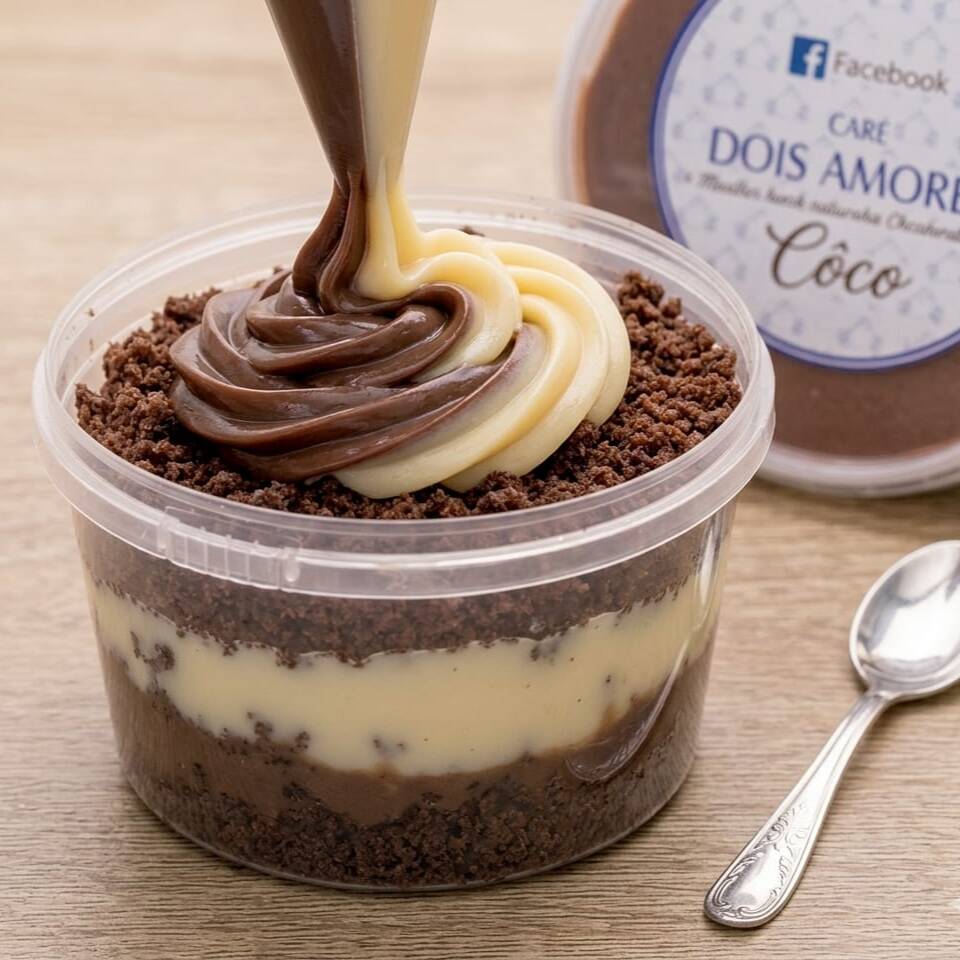 Bolo no pote Dois Amores com massa super fofinha e a combinação perfeita entre creme branco e chocolate, criando uma sobremesa irresistivelmente cremosa e deliciosa em cada colherada!