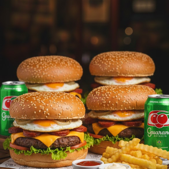 4 Hamburg Especial (Pão, Carne, Ovo, Calabresa, Queijo, Salada e Cebola Chapeada) 4 Batata Frita 1 Refri de 1l