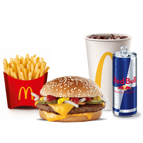 Experimente essa combinação que está irresistível. McOferta Média do Clássico Quarterão com Queijo composta por: Sanduíche Quarterão com Queijo, acompanhamento e bebida + Red Bull Energy Drink 250ml – a clássica combinação de sabor único e energia para te acompanhar em qualquer momento do dia.