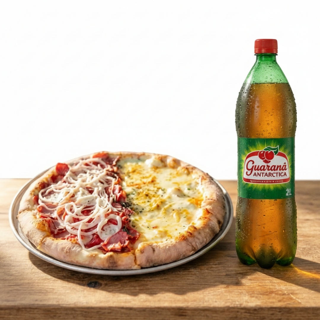 Metade mussarela e metade calabresa + Guaraná Antarctica
