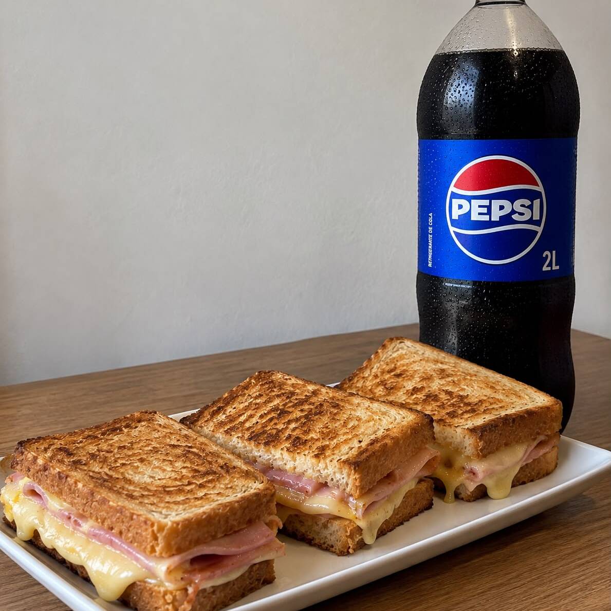 Ingredientes: pão francês, queijo prato, mussarela, linguiça calabresa, mortadela defumada e presunto. O lanche mais pedido da Quebra Galho.
Pepsi 2L