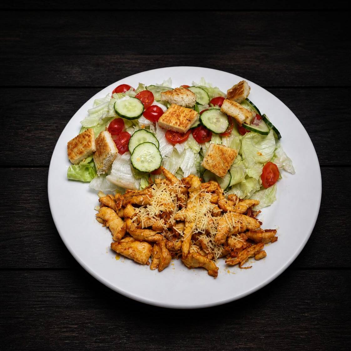 Mix Folhas, Tomate, Pepino, Palmito, Seleta de Legumes e Filé de Carne 150g.
