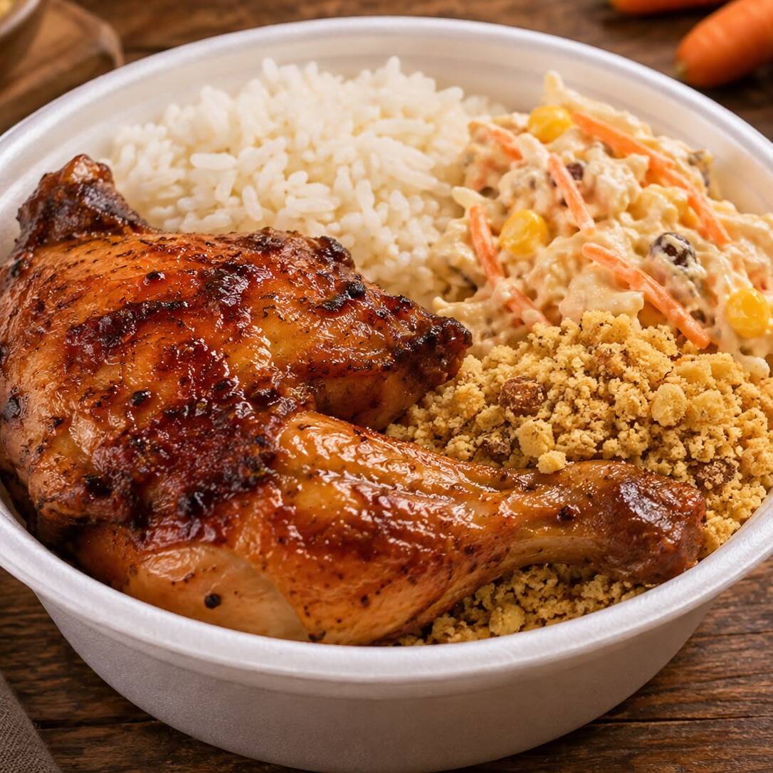 1/4 de galeto marinado e assado, douradinho por fora e suculento por dentro, acompanhado de arroz soltinho, salpicão cremoso e farofa. Uma refeição completa, saborosa e bem servida, preparada para aquele almoço com gostinho de comida feita em casa.