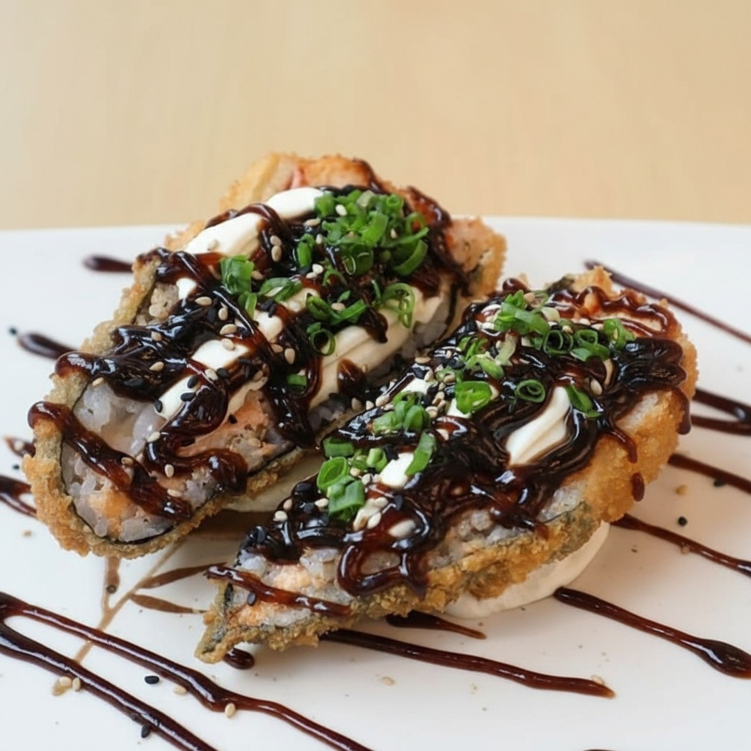 Temaki de salmão grelhado empanado na farinha panco e frito, acompanha creme cheese cebolinha e molho tarê