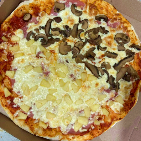 Pizza Grande 1/2 Hawaiana y 1/2 de Champiñones