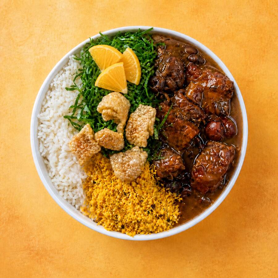 Marmita feijoada magra individual (arroz branco, linguiça calabresa, paio, couve refogado, farofa e torresmo). Marmita indicada para 01 pessoa.