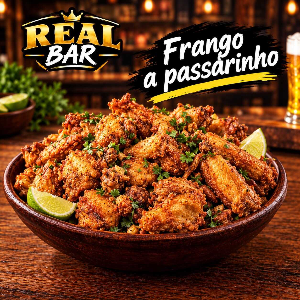 Frango à passarinho crocante e temperado na medida certa, com arroz soltinho, feijão caseiro, farofa crocante e salada fresca. Marmita completa de 500g, pronta pra matar a fome do jeito que só o Real Bar e Restairante faz.