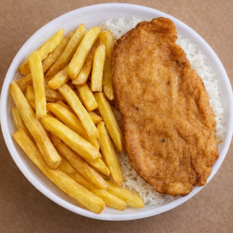 arroz, feijão, batata frita. macarrão, salada, file de frango milanesa
