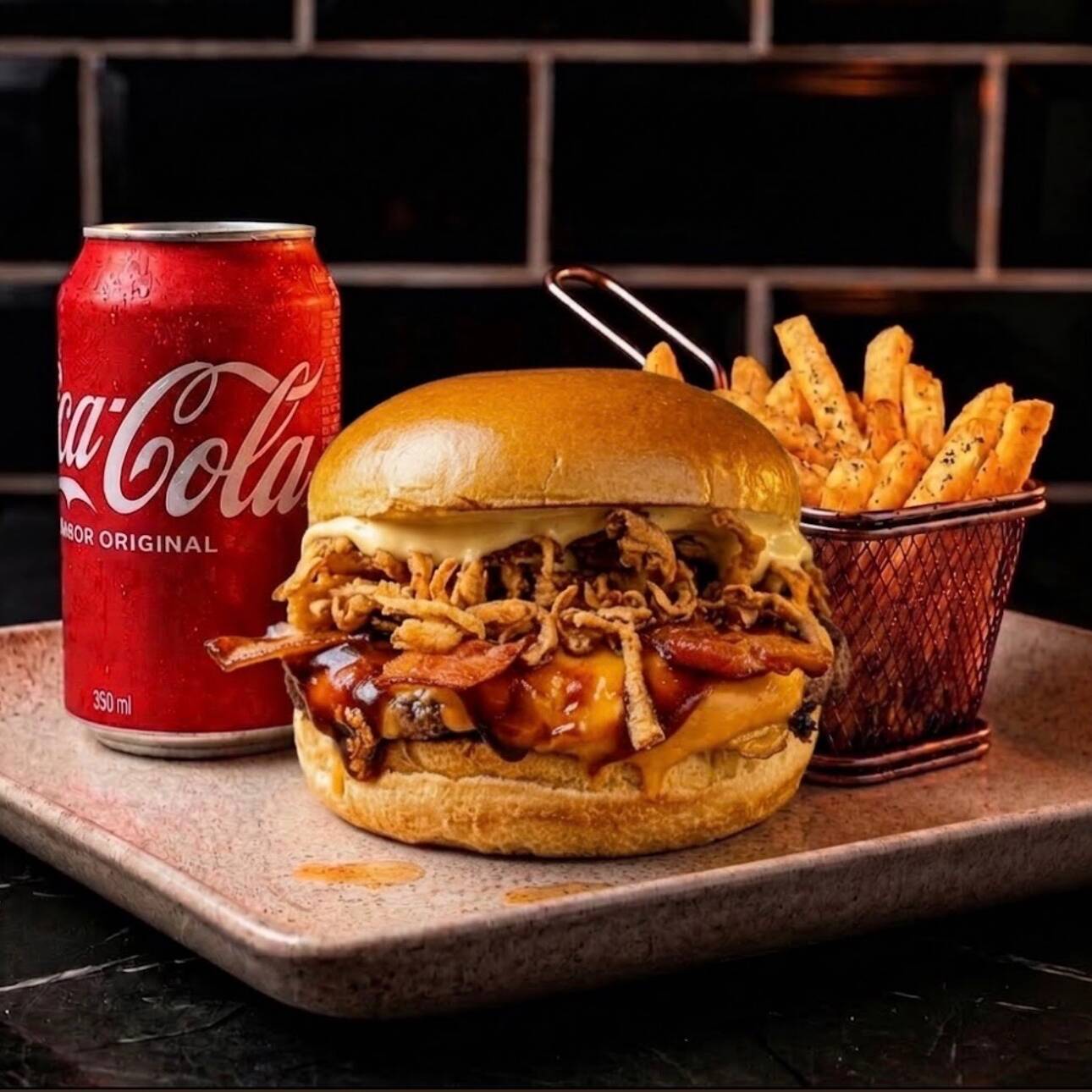 Um maravilhoso combo do magnifico REO CRISPY BACON . Composto por pão de brioche premium, 1 blend bovino de 120g, cheddar fatia, bacon, cebola crispy e molho especial + batata + bebida