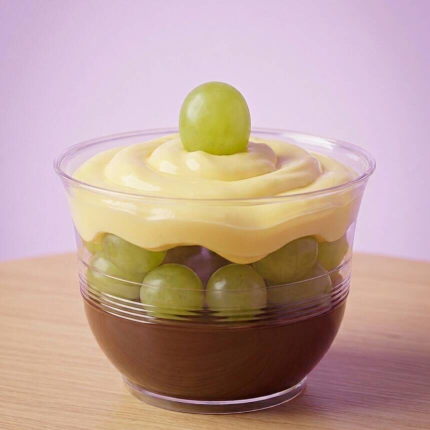 Nossa sobremesa Delícia de Uva é a explosão dos sabores da uva verde, recheio de Ninho e brigadeiro. Serve 1 pessoa (aprox. 180ml)