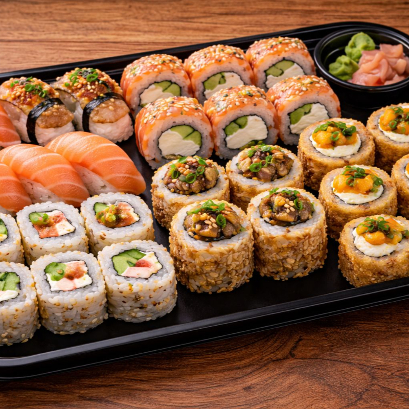 3 Niguiri de Salmão, 3 Niguiri Skin, 4 Uramaki Filadélfia, 4 Uramaki Skin, 8 Hot