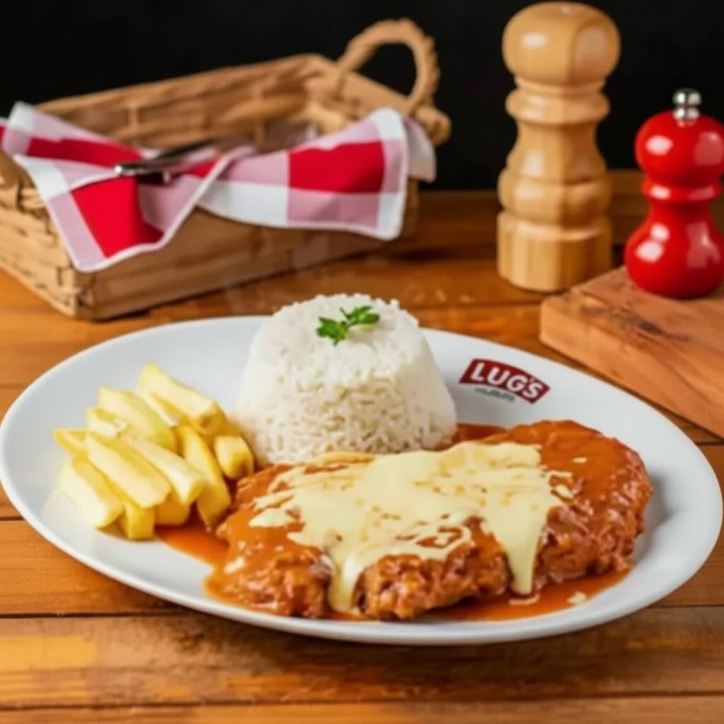 Versão especial da tradicional parmegiana de carne, feito com molho artesanal de tomate acompanha arroz e batata crocante.