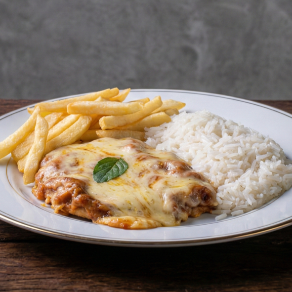 Bife empanado coberto com molho encorpado e queijo gratinado, servido com arroz soltinho e fritas crocantes. Intenso e suculento.