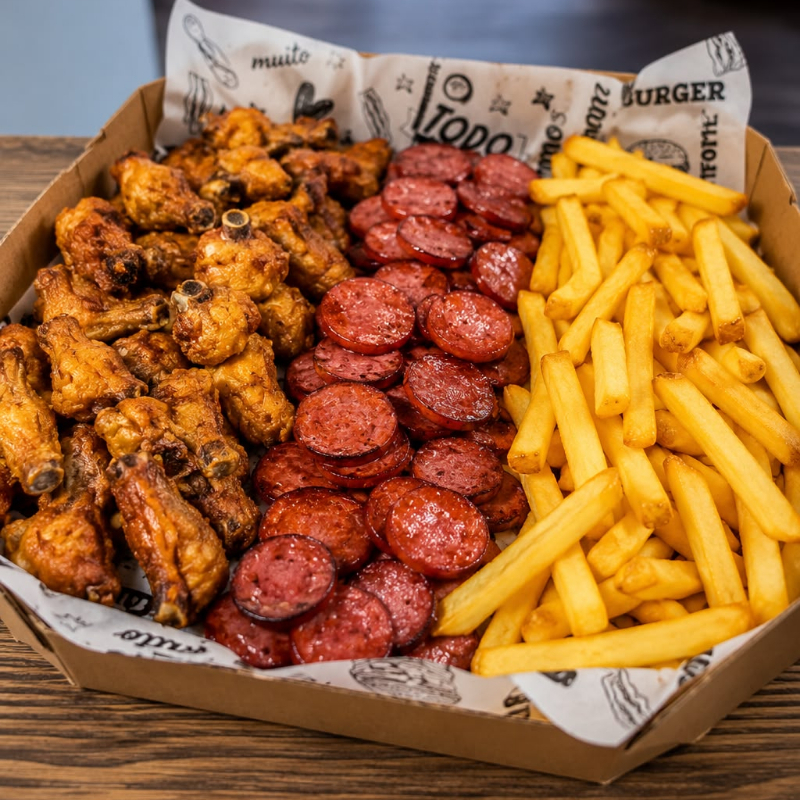 300g batata frita + 300g calabresa + 12 pedaços de frango à passa