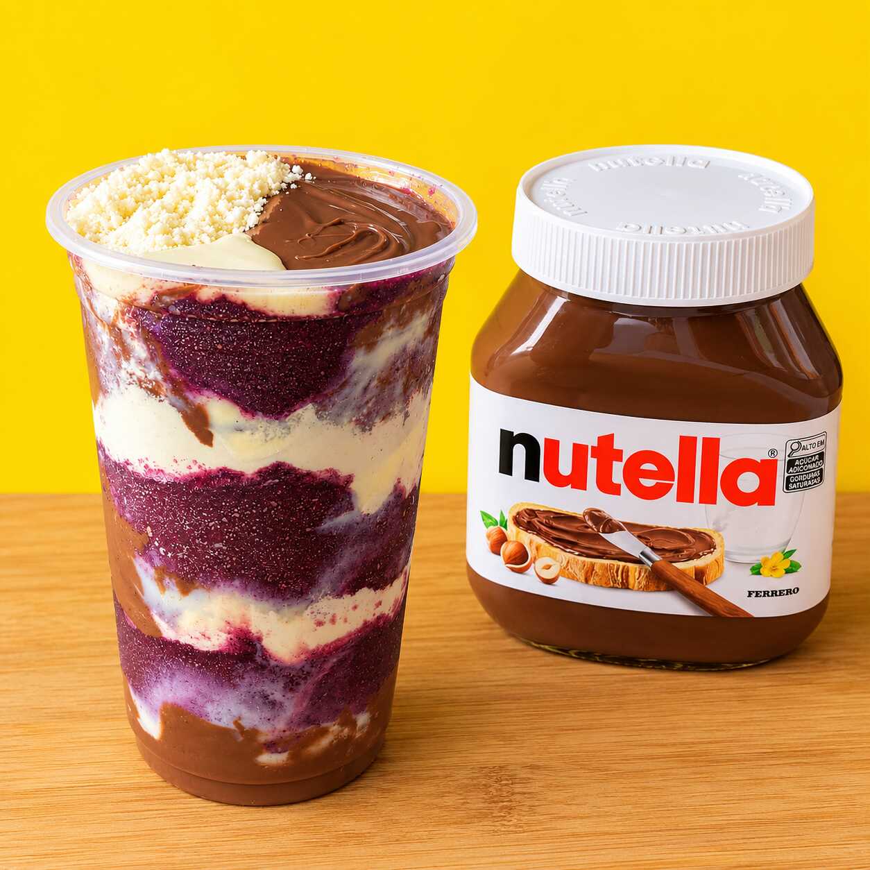 Açaí premium, Nutella Original, leite condensado e leite em pó.